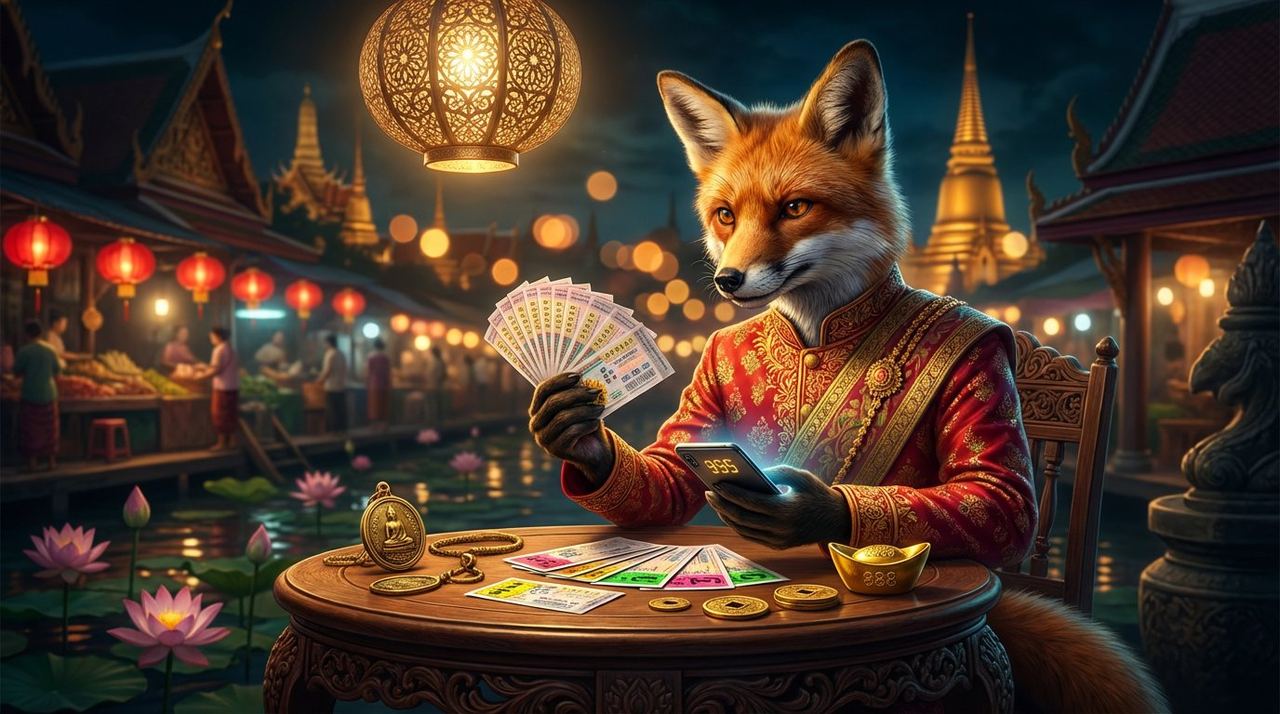 Fox888 หวยออนไลน์ – Rubah cerdas berpakaian Thai silk merah emas memegang tiket lotere di pasar malam Bangkok